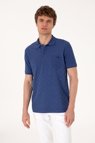 Erkek Regular Fit Polo Yaka Açık Lacivert Dokulu Tişört