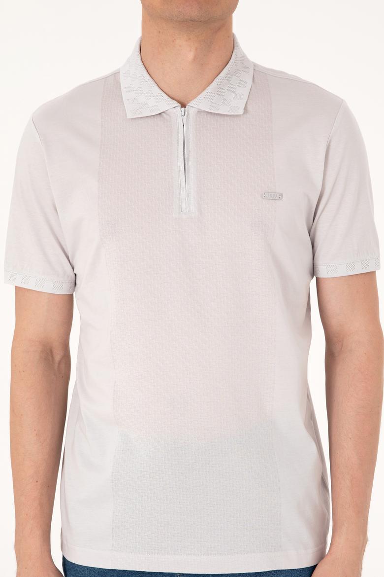 Erkek Regular Fit Fermuarlı Açık Gri Tişört - 50300363037