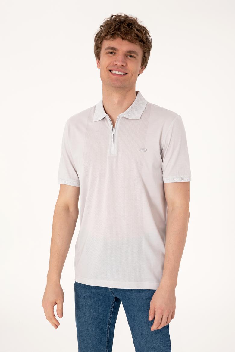 Erkek Regular Fit Fermuarlı Açık Gri Tişört - 50300363037