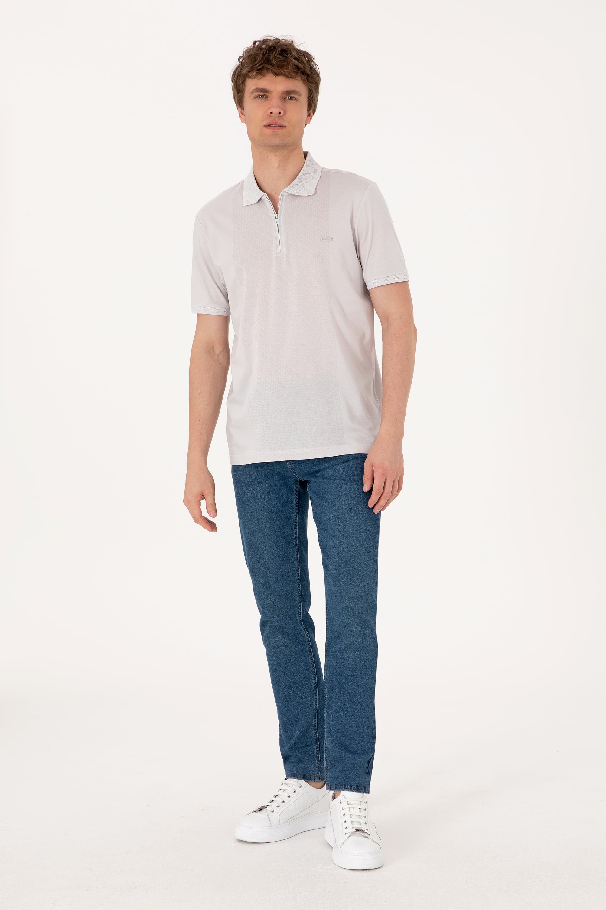 Erkek Regular Fit Fermuarlı Açık Gri Tişört - Image 4