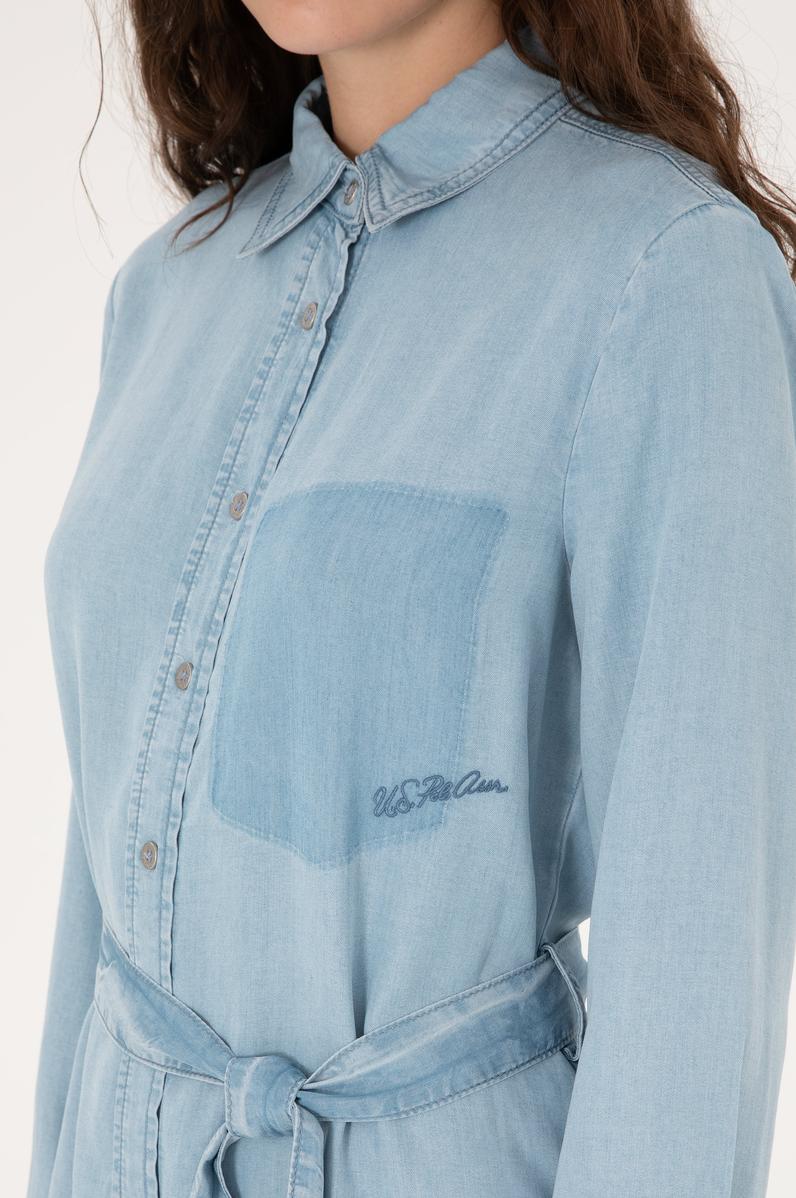 Kadın Mavi Kemerli Mini Boy Jean Elbise