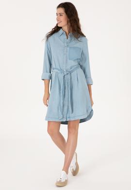 Kadın Mavi Kemerli Mini Boy Jean Elbise - 50305573003