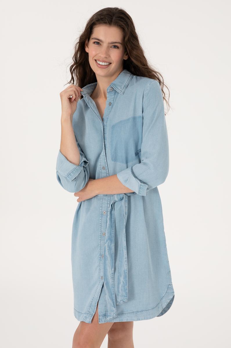 Kadın Mavi Kemerli Mini Boy Jean Elbise