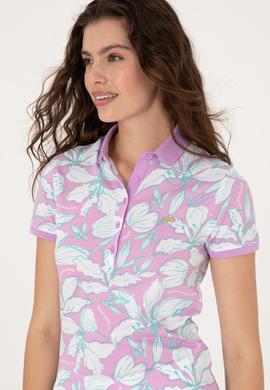 Kadın Fuşya Desenli Polo Yaka Tişört - 50300770003