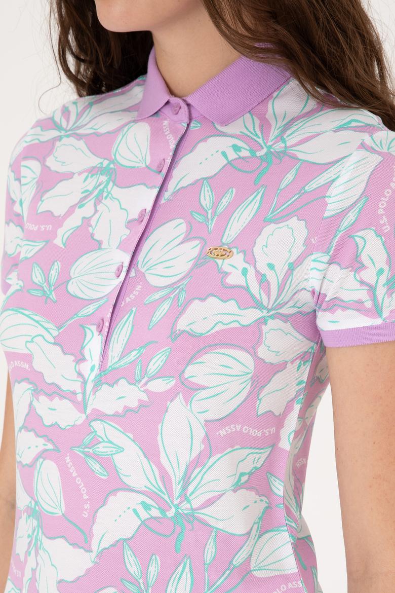 Kadın Fuşya Desenli Polo Yaka Tişört - 50300770003