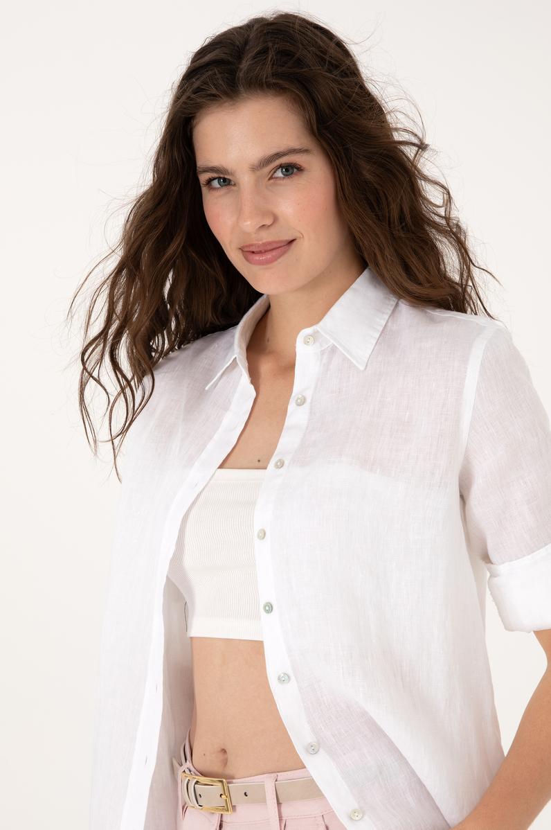Kadın Beyaz Keten Uzun Kollu Gömlek