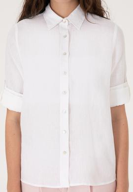 Kadın Beyaz Keten Uzun Kollu Gömlek - 50299791030