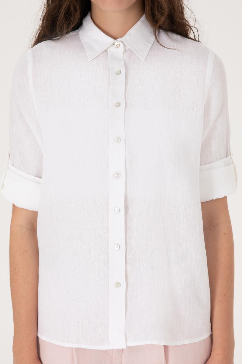 Kadın Beyaz Keten Uzun Kollu Gömlek - 50299791030