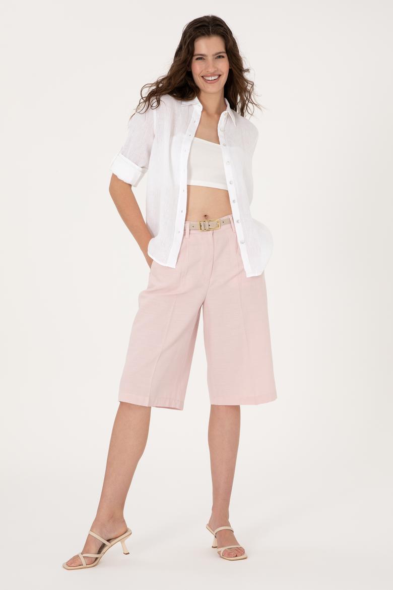 Kadın Beyaz Keten Uzun Kollu Gömlek - 50299791030