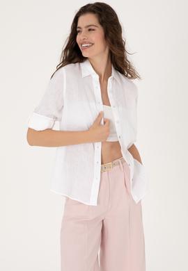 Kadın Beyaz Keten Uzun Kollu Gömlek - 50299791030