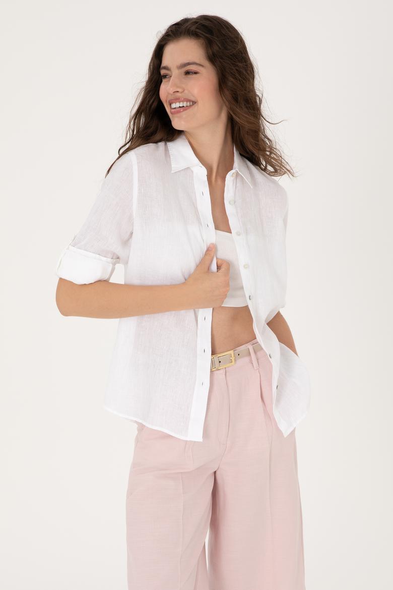 Kadın Beyaz Keten Uzun Kollu Gömlek - 50299791030