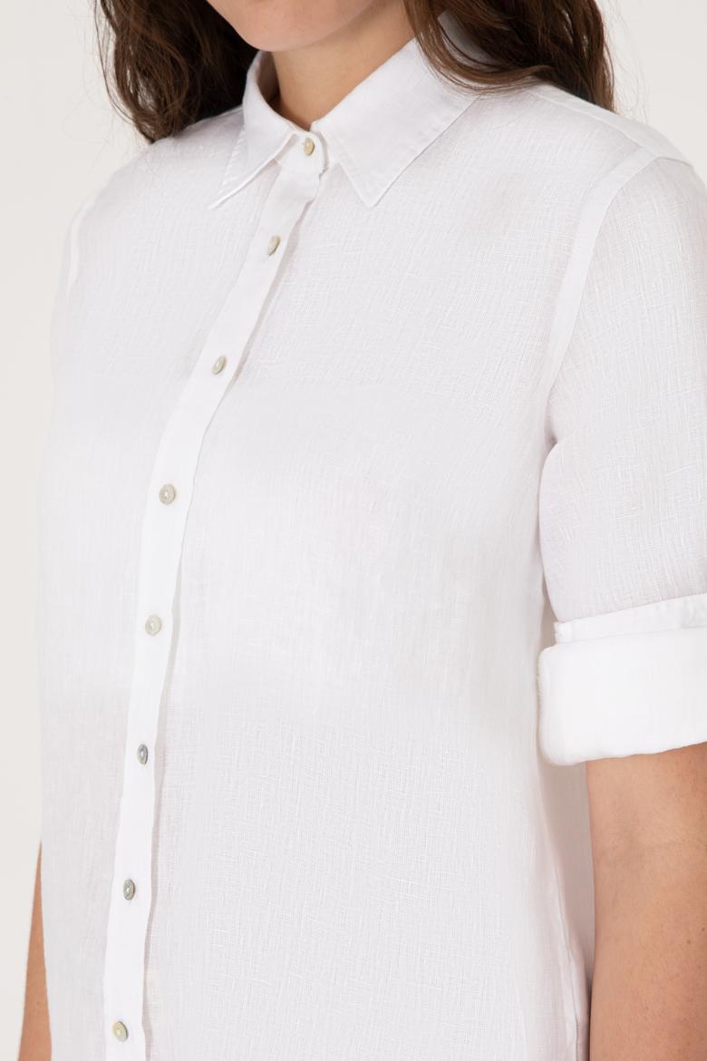 Kadın Beyaz Keten Uzun Kollu Gömlek - 50299791030