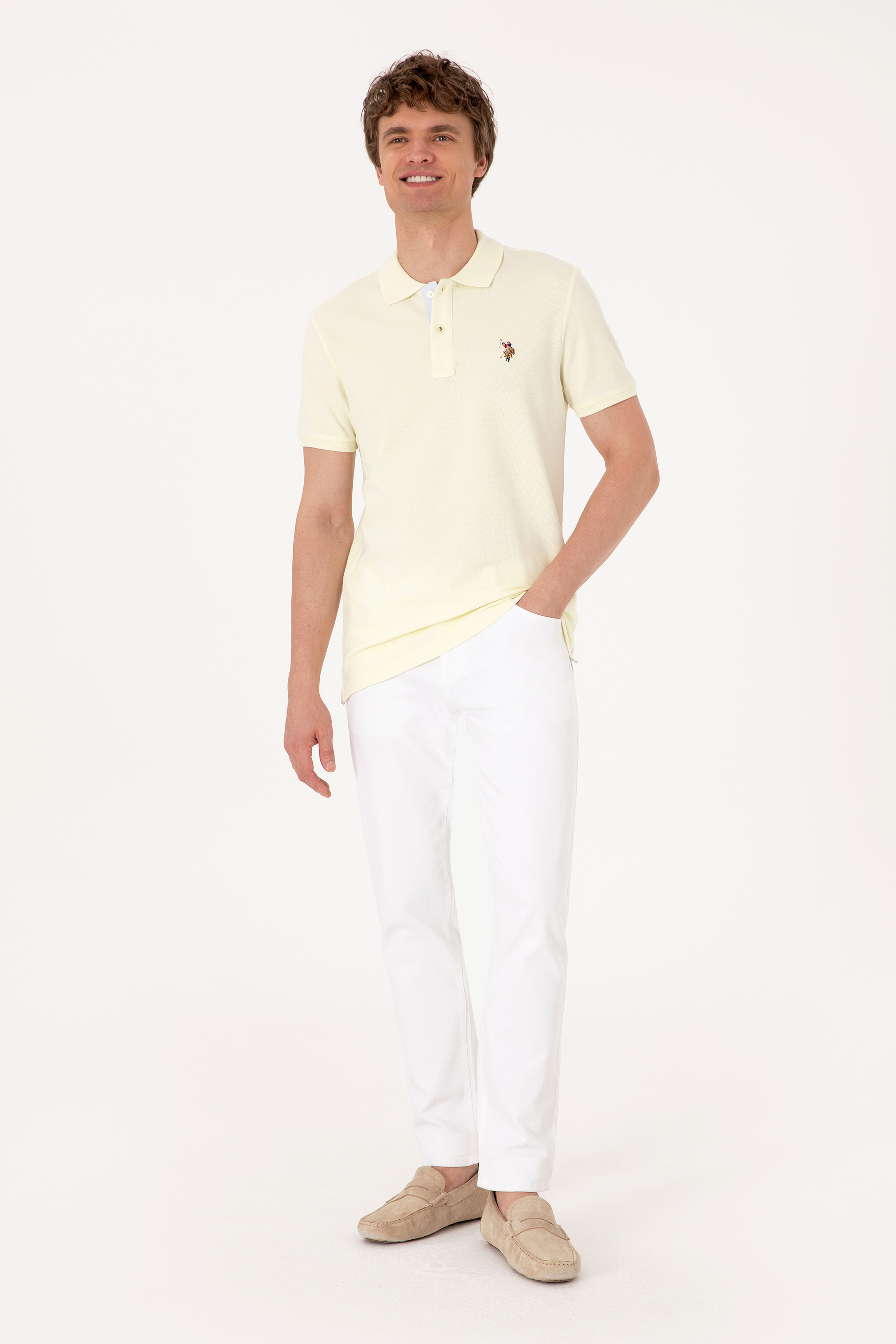 Erkek Slim Fit Polo Yaka Limon Basic Tişört - Image 4