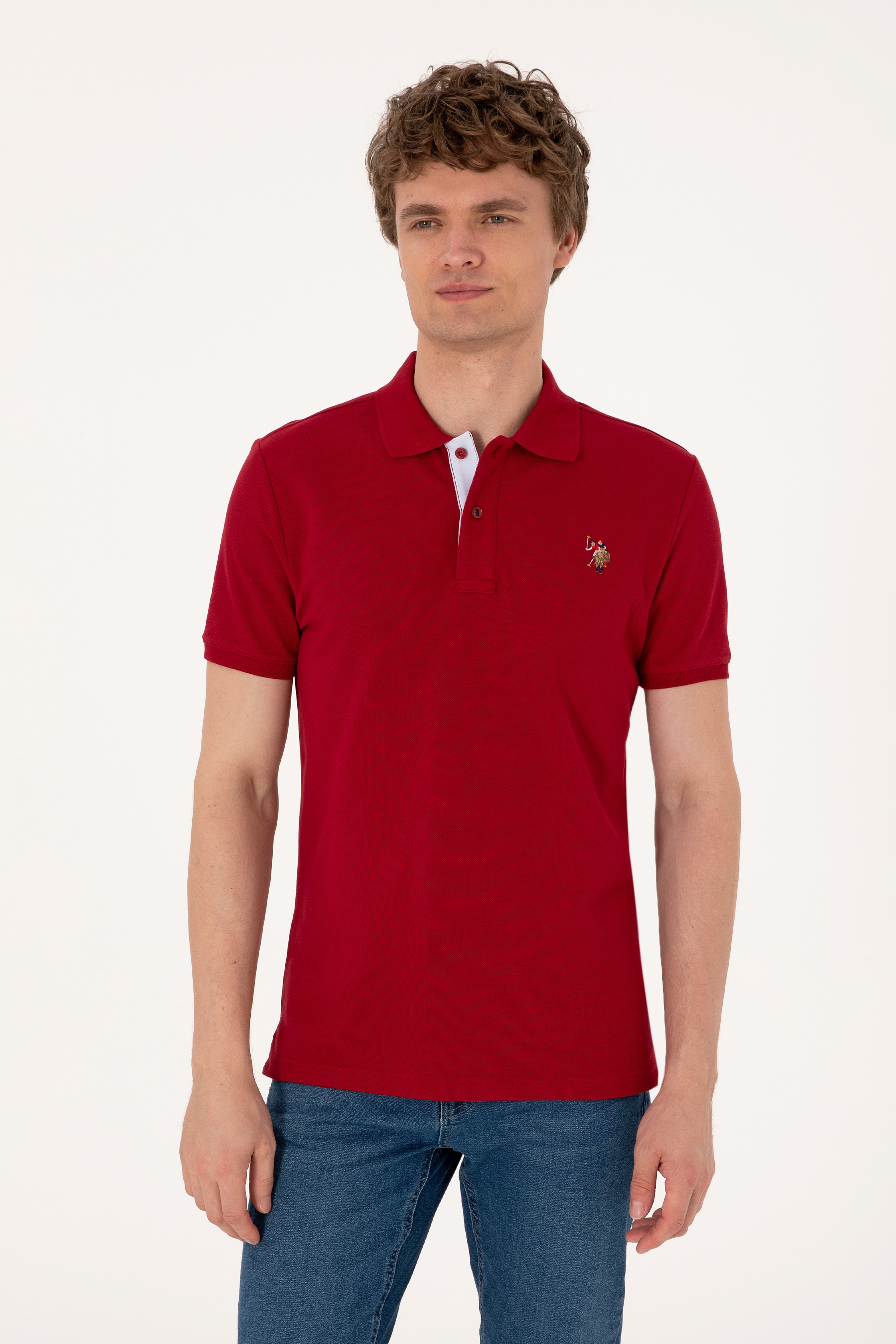 Erkek Slim Fit Polo Yaka Bordo Basic Tişört - Image 1