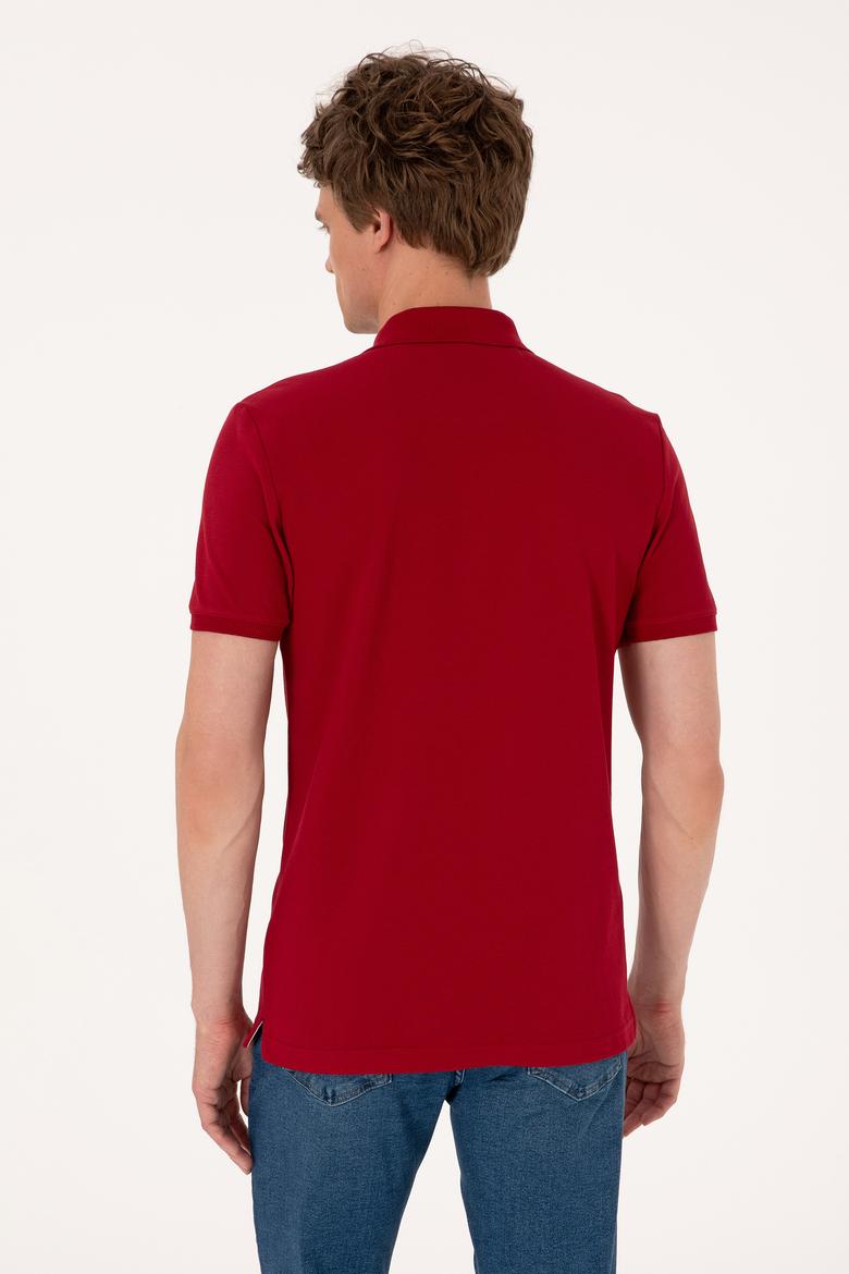 Erkek Slim Fit Polo Yaka Bordo Basic Tişört - 50310669076
