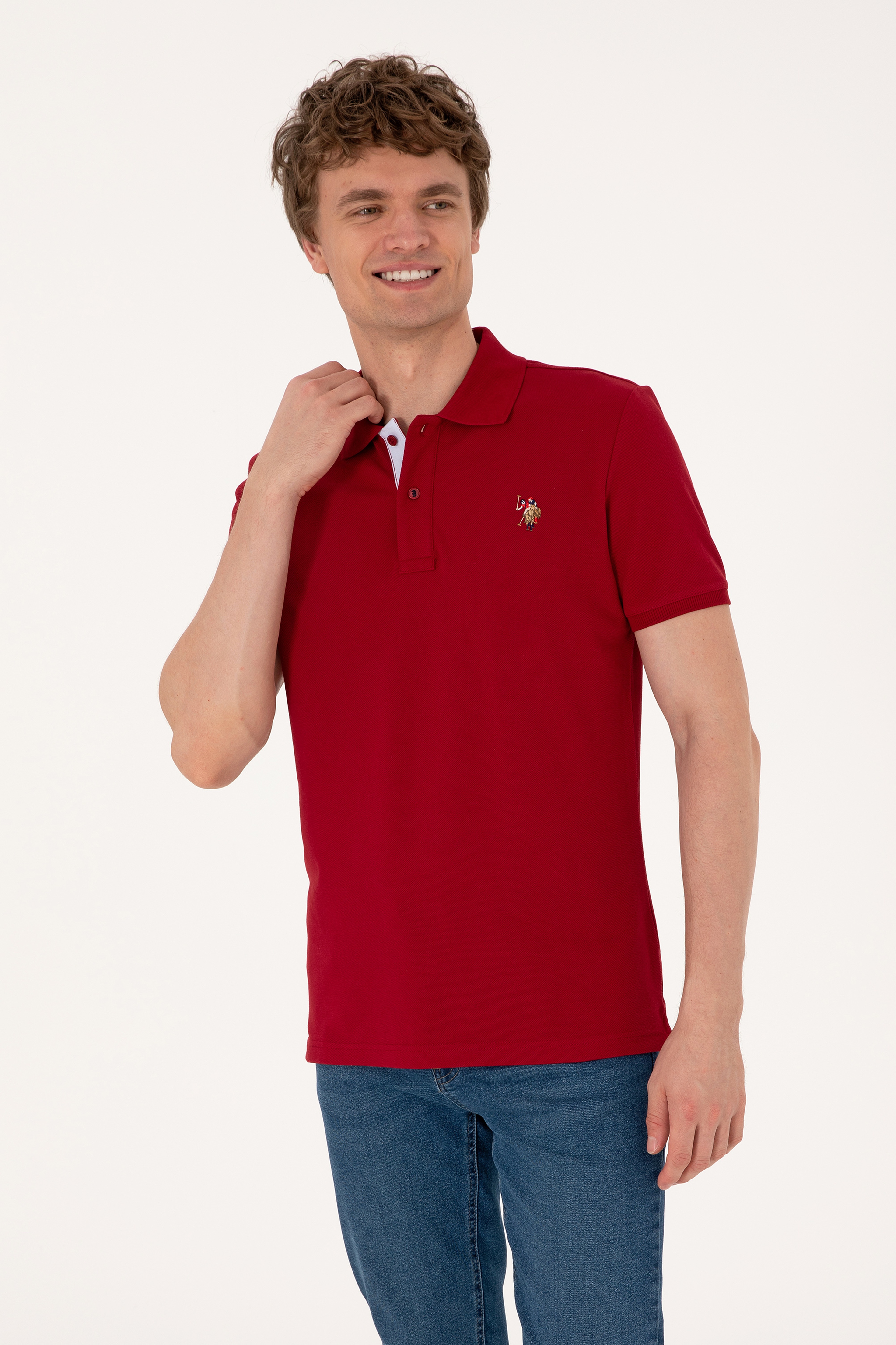 Erkek Slim Fit Polo Yaka Bordo Basic Tişört - Image 3