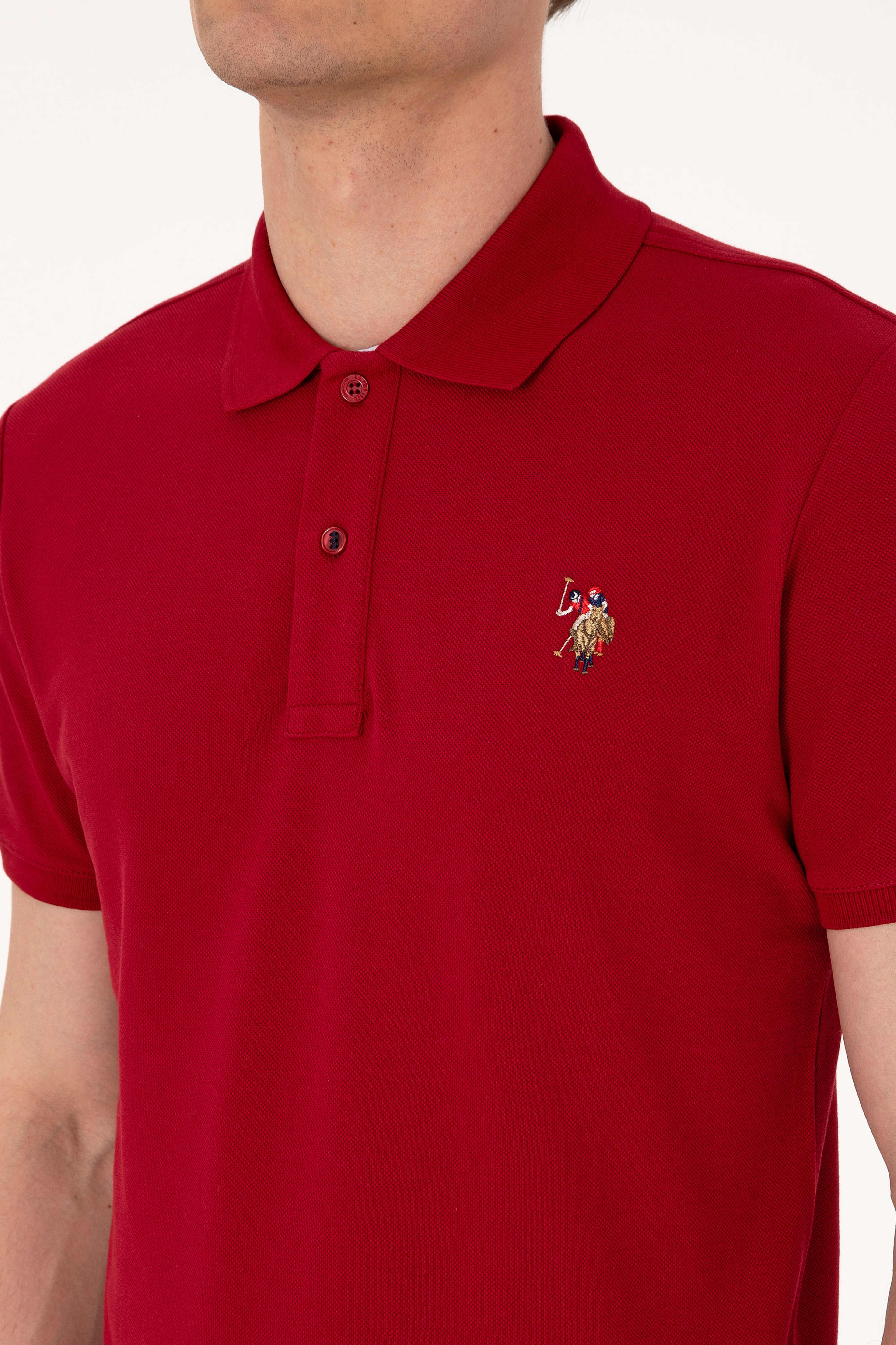 Erkek Slim Fit Polo Yaka Bordo Basic Tişört - Image 7