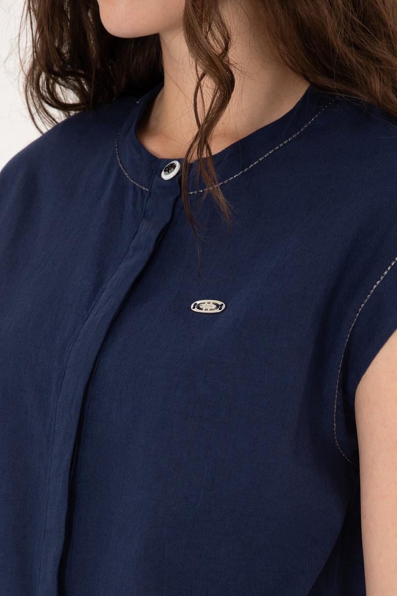 Kadın Lacivert Keten Karışımlı Kısa Kollu Gömlek - 50299436013