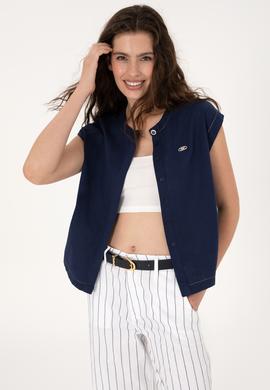 Kadın Lacivert Keten Karışımlı Kısa Kollu Gömlek - 50299436013