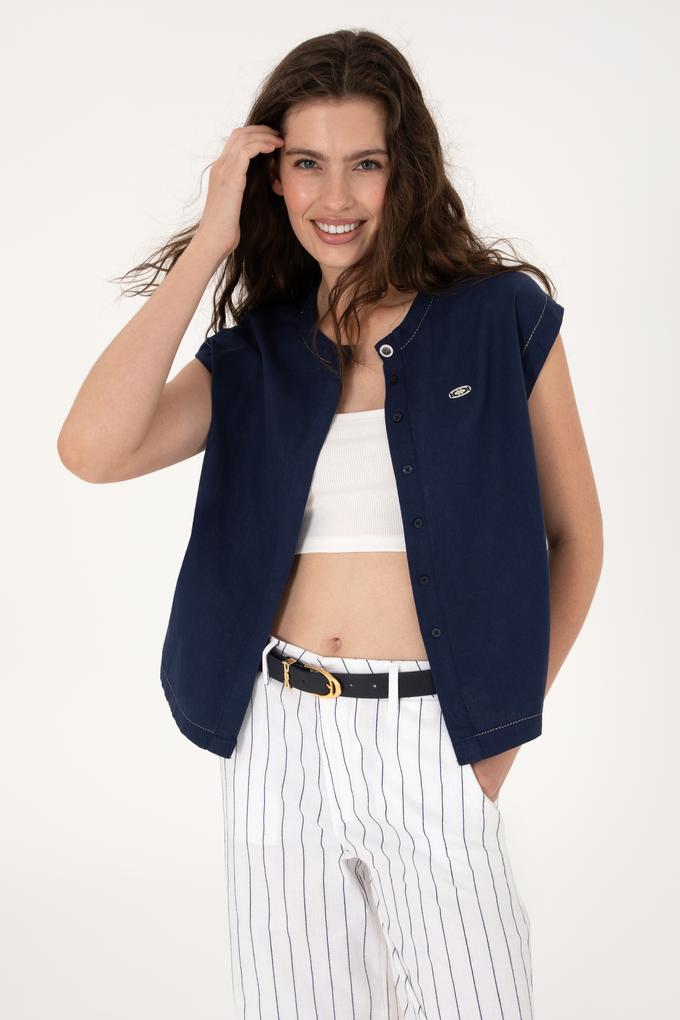 Kadın Lacivert Keten Karışımlı Kısa Kollu Gömlek