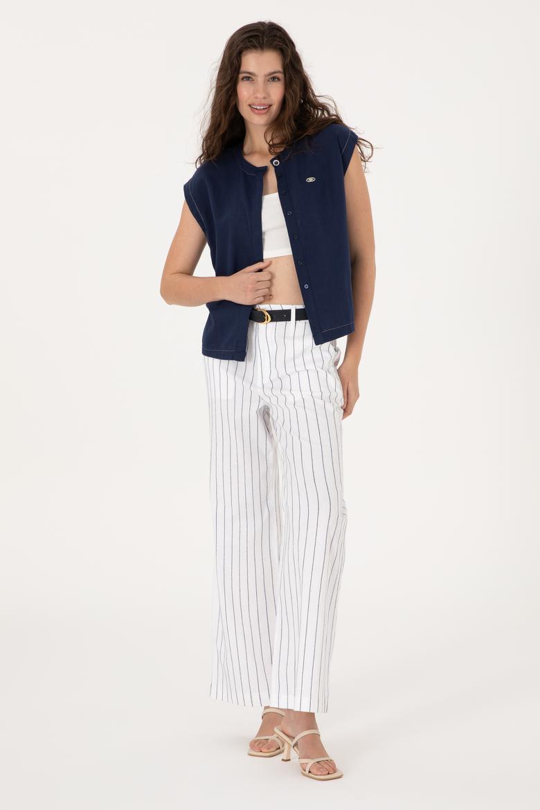 Kadın Lacivert Keten Karışımlı Kısa Kollu Gömlek - 50299436013