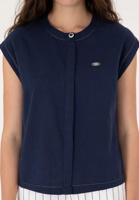 Kadın Lacivert Keten Karışımlı Kısa Kollu Gömlek - 50299436013