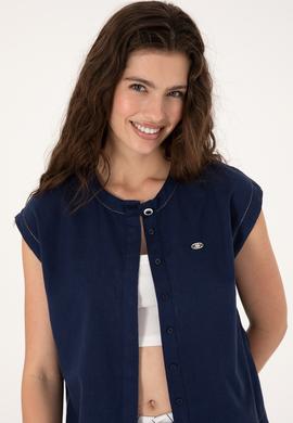 Kadın Lacivert Keten Karışımlı Kısa Kollu Gömlek - 50299436013