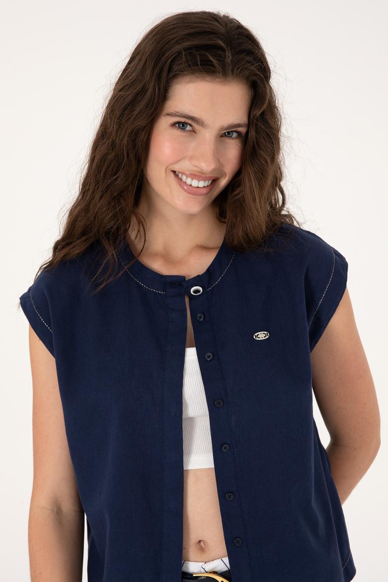 Kadın Lacivert Keten Karışımlı Kısa Kollu Gömlek - 50299436013