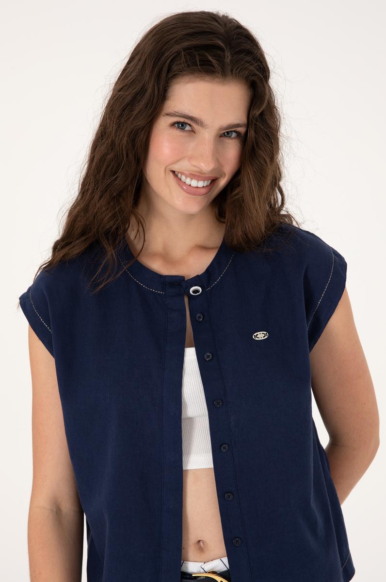 Kadın Lacivert Keten Karışımlı Kısa Kollu Gömlek