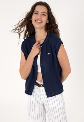 Kadın Lacivert Keten Karışımlı Kısa Kollu Gömlek - 50299436013