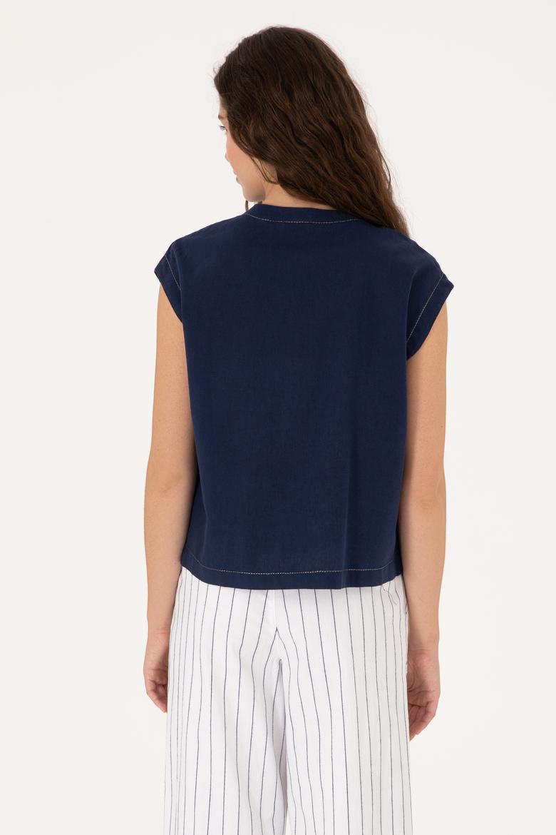 Kadın Lacivert Keten Karışımlı Kısa Kollu Gömlek - 50299436013