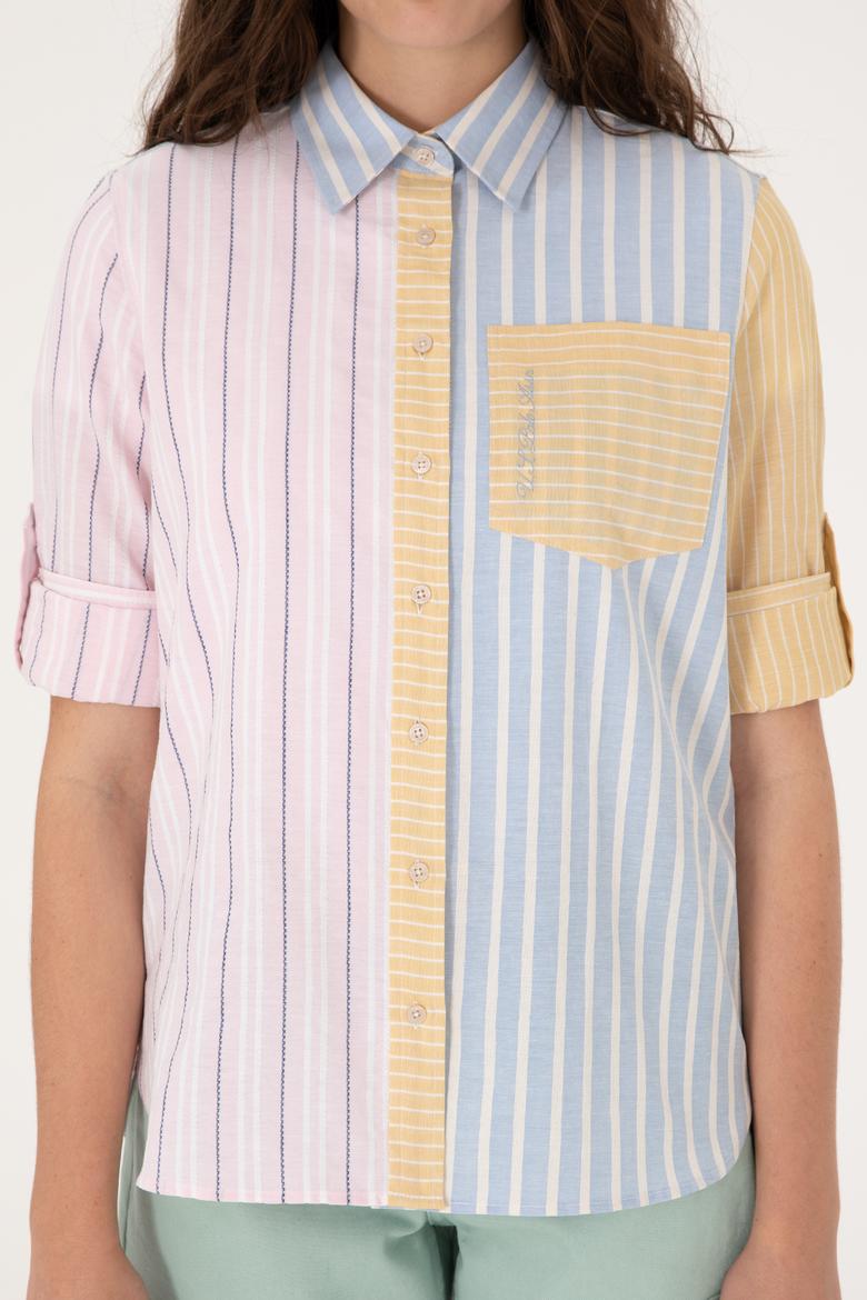 Kadın Pembe Çizgili Uzun Kollu Gömlek - 50299625002