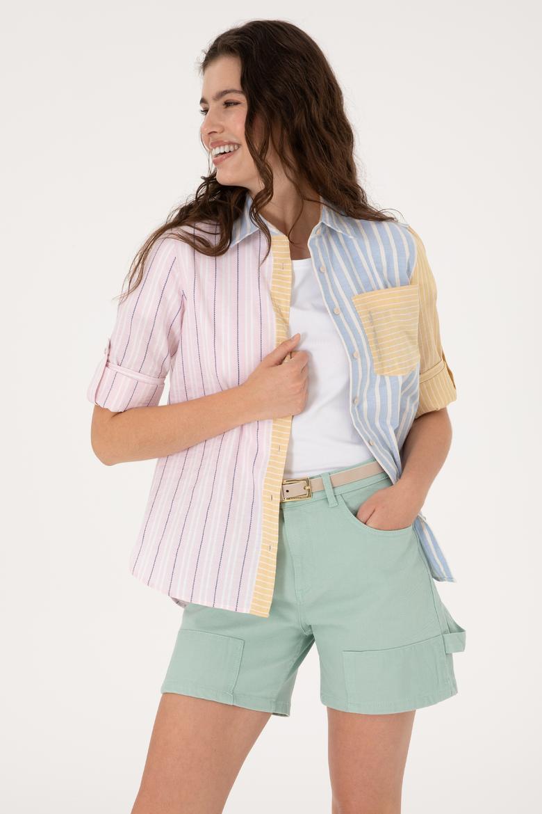 Kadın Pembe Çizgili Uzun Kollu Gömlek - 50299625002