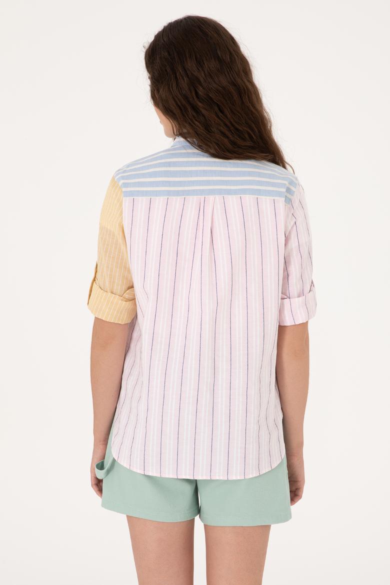Kadın Pembe Çizgili Uzun Kollu Gömlek - 50299625002