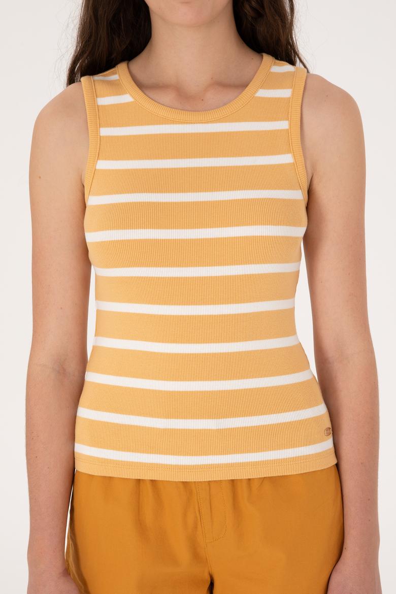 Kadın Turuncu Çizgili Kolsuz Bisiklet Yaka Tişört - 50307275023