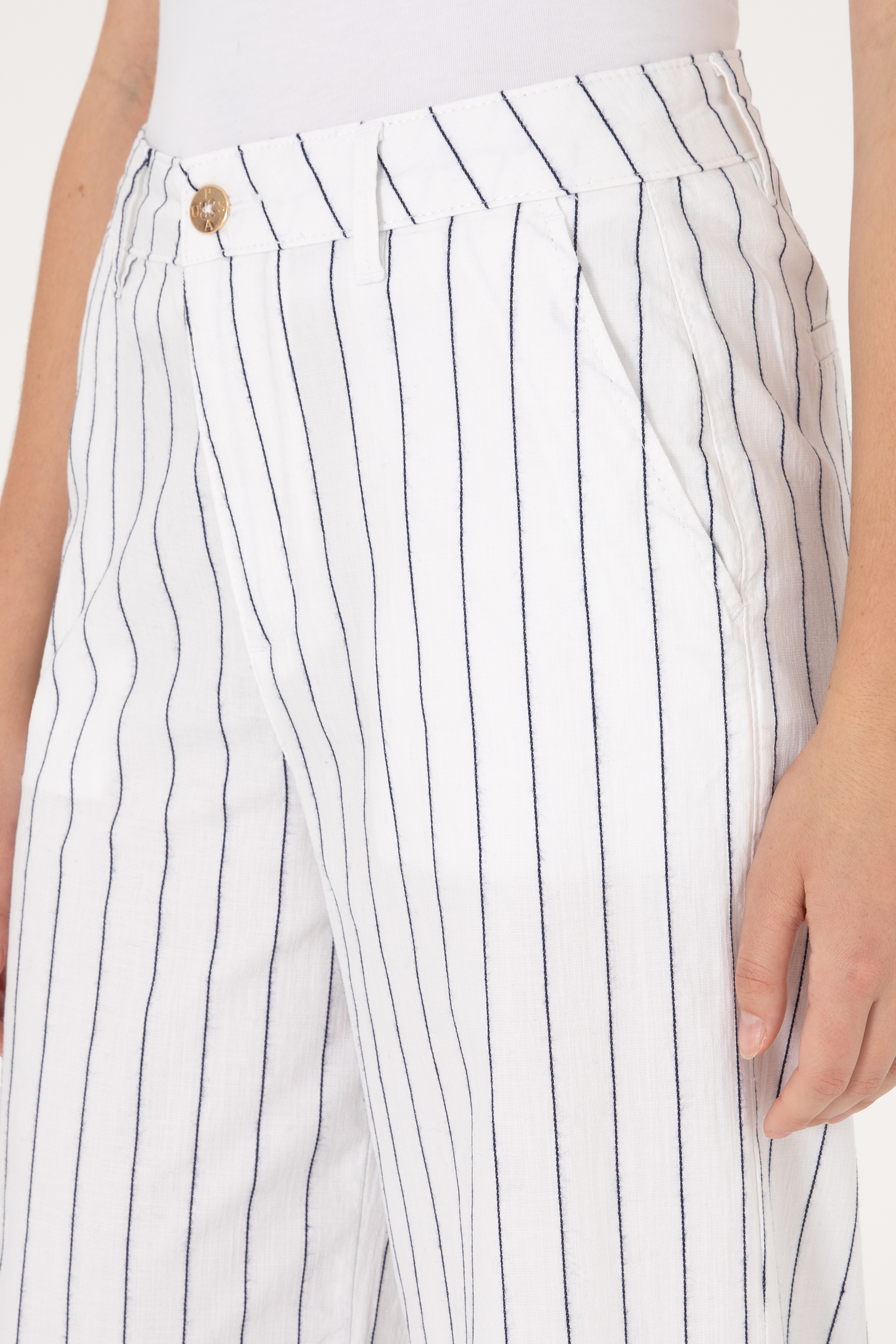 Kadın Beyaz Çizgili Loose Fit Kanvas Pantolon - Image 5