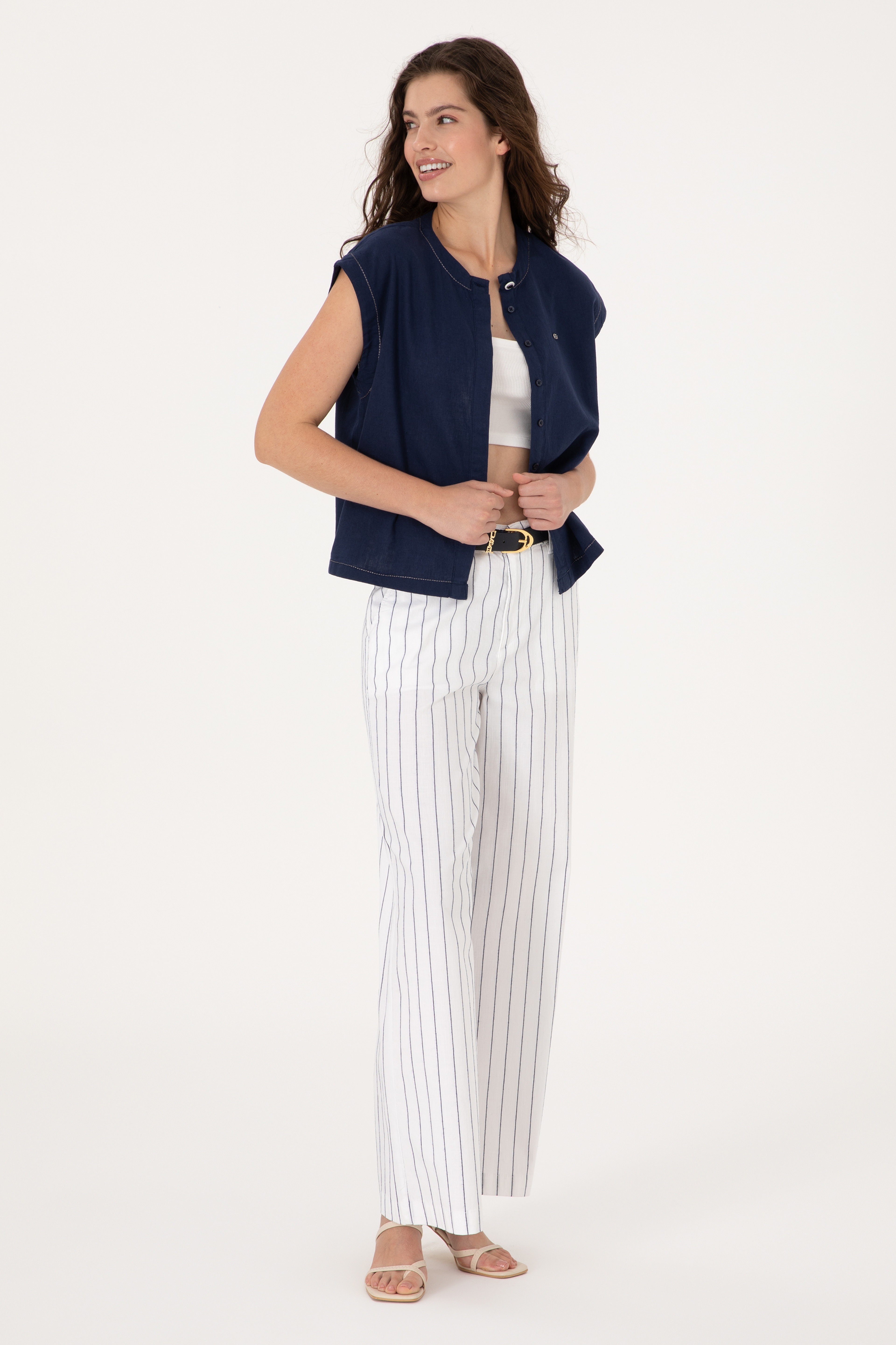 Kadın Beyaz Çizgili Loose Fit Kanvas Pantolon