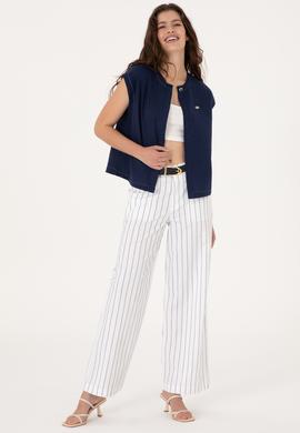 Kadın Beyaz Çizgili Loose Fit Kanvas Pantolon - 50300265020