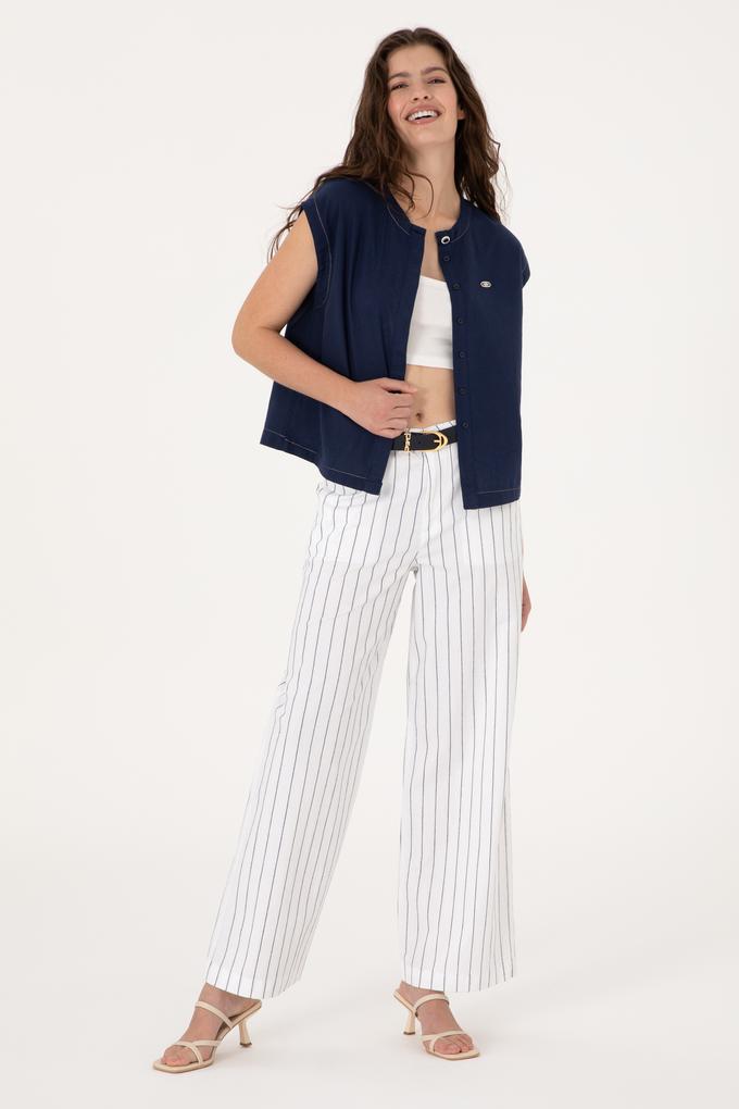 Kadın Beyaz Çizgili Loose Fit Kanvas Pantolon