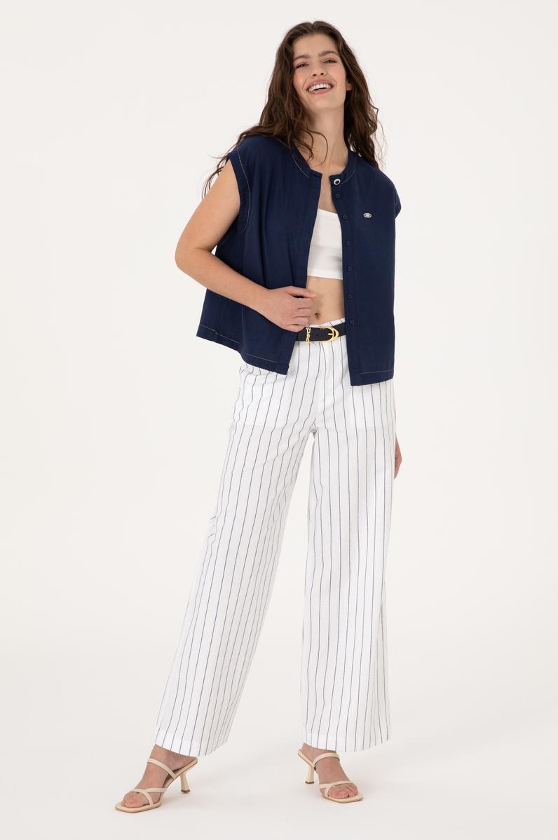 Kadın Beyaz Çizgili Loose Fit Kanvas Pantolon