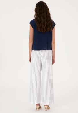 Kadın Beyaz Çizgili Loose Fit Kanvas Pantolon - 50300265020