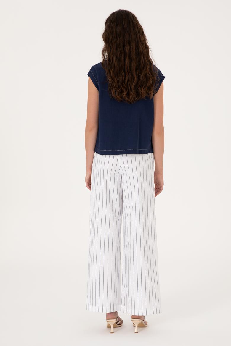 Kadın Beyaz Çizgili Loose Fit Kanvas Pantolon - 50300265020