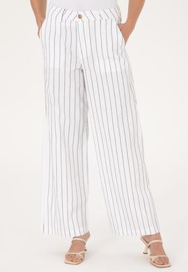 Kadın Beyaz Çizgili Loose Fit Kanvas Pantolon - 50300265020