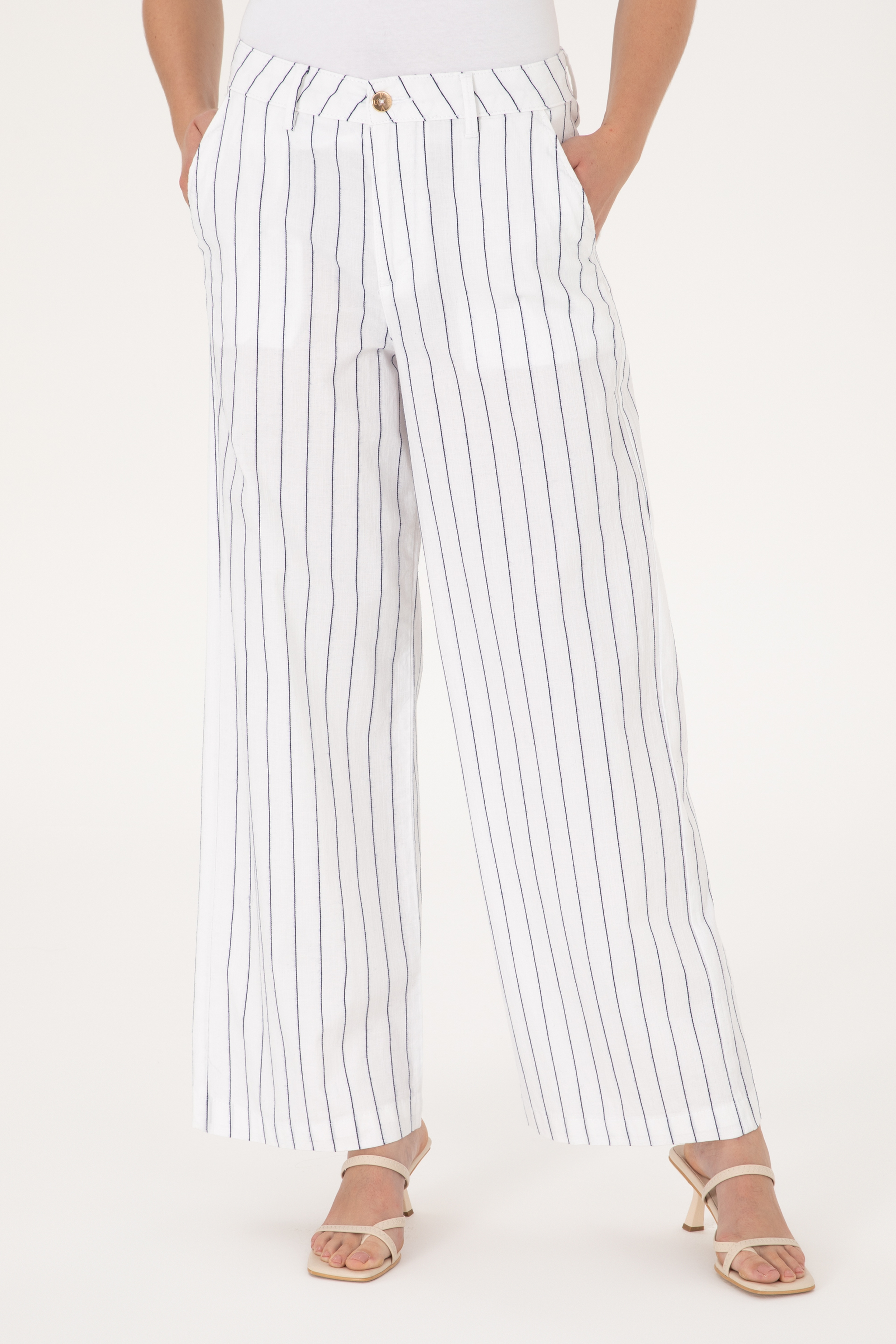Kadın Beyaz Çizgili Loose Fit Kanvas Pantolon - Image 2