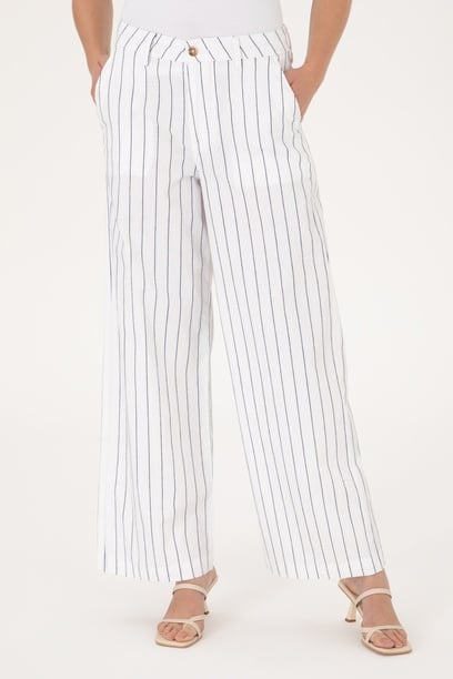 Kadın Beyaz Çizgili Loose Fit Kanvas Pantolon