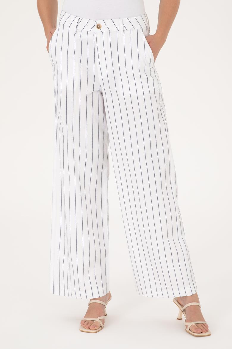 Kadın Beyaz Çizgili Loose Fit Kanvas Pantolon - 50300265020