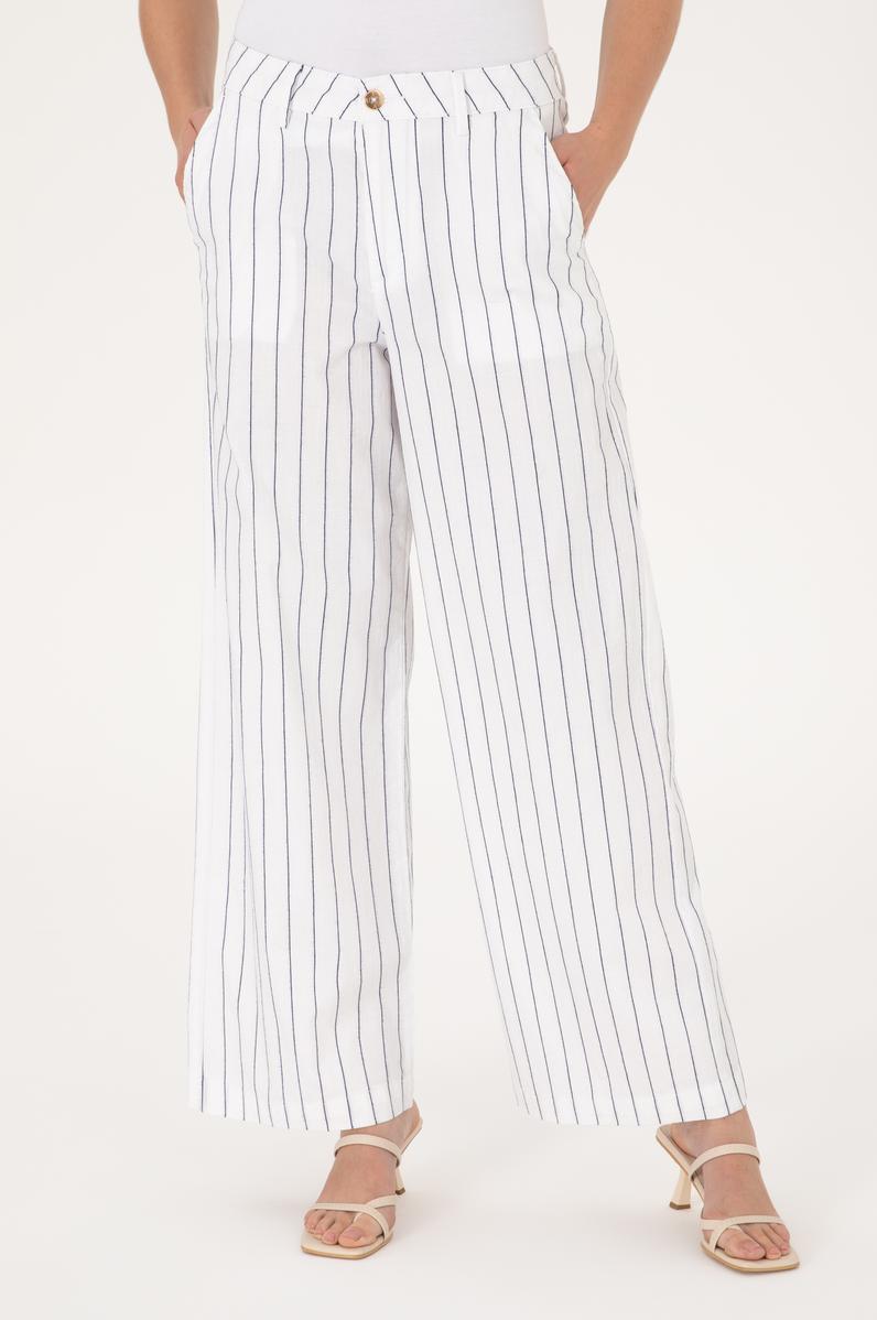 Kadın Beyaz Çizgili Loose Fit Kanvas Pantolon