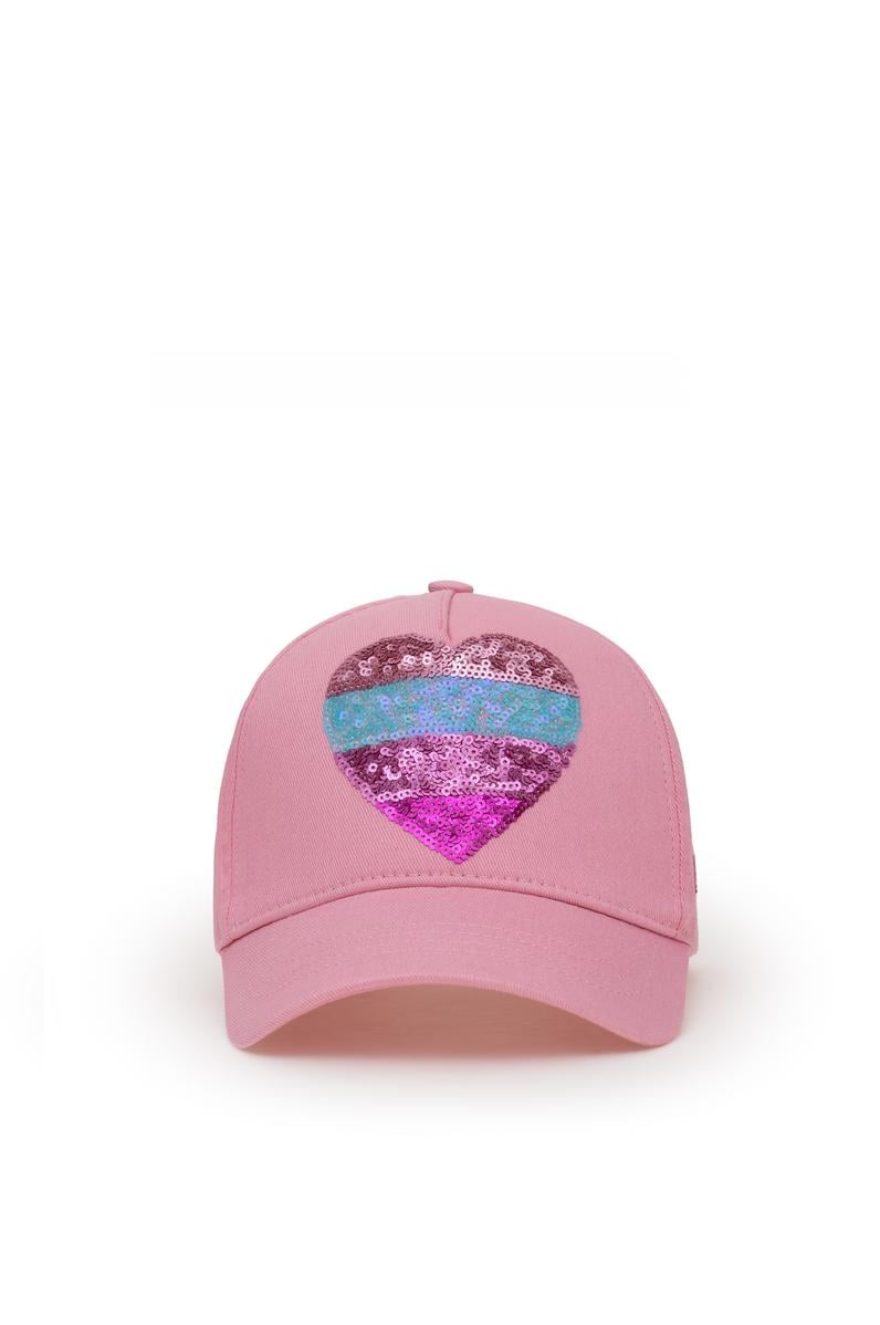Kız Çocuk Pembe Payet Kalp İşlemeli Şapka