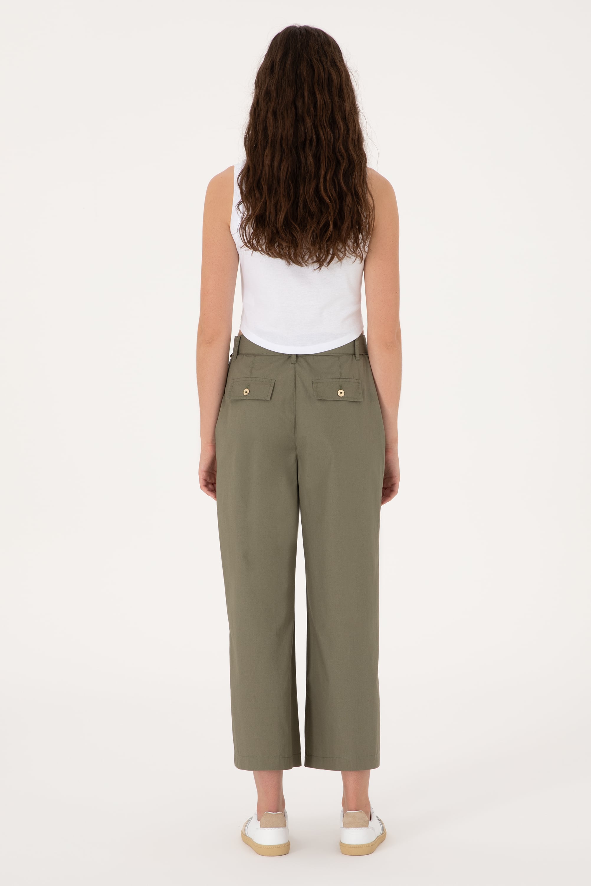 Kadın Koyu Haki Flare Cropped Fit Kanvas Pantolon - Image 4