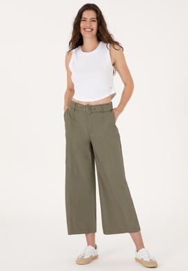 Kadın Koyu Haki Flare Cropped Fit Kanvas Pantolon - 50300262021